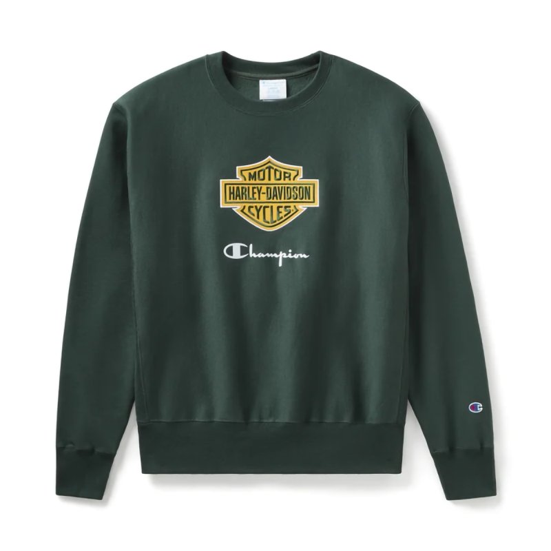 Felpa Fanatic girocollo verde scuro H-D & Champion in cotone pesante e pile in Edizione Limitata